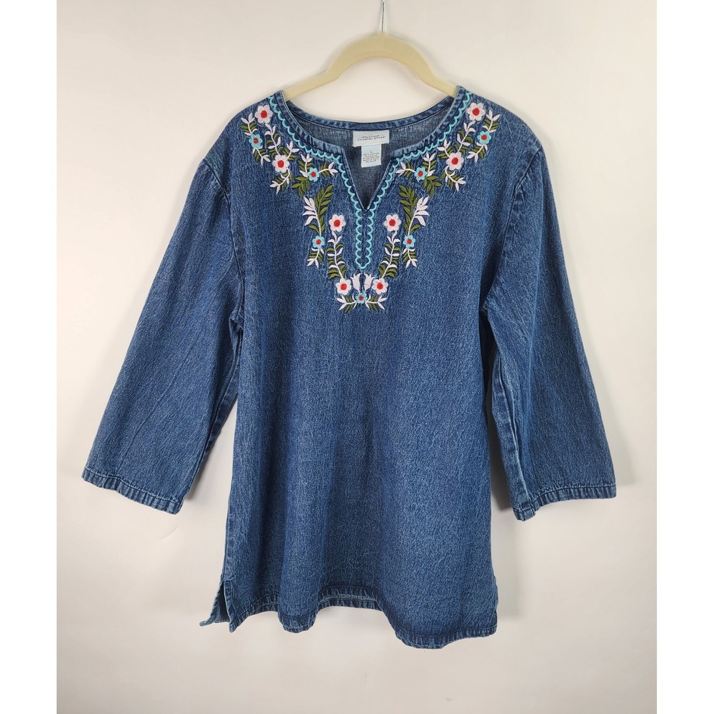 The Vermont Country Store Top Womem's L Embroidered Tunic Blue Denim